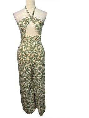 Sage The Label Olive Multi Paisley Halter Jumpsuit Cutout Boho Festival Wide Leg